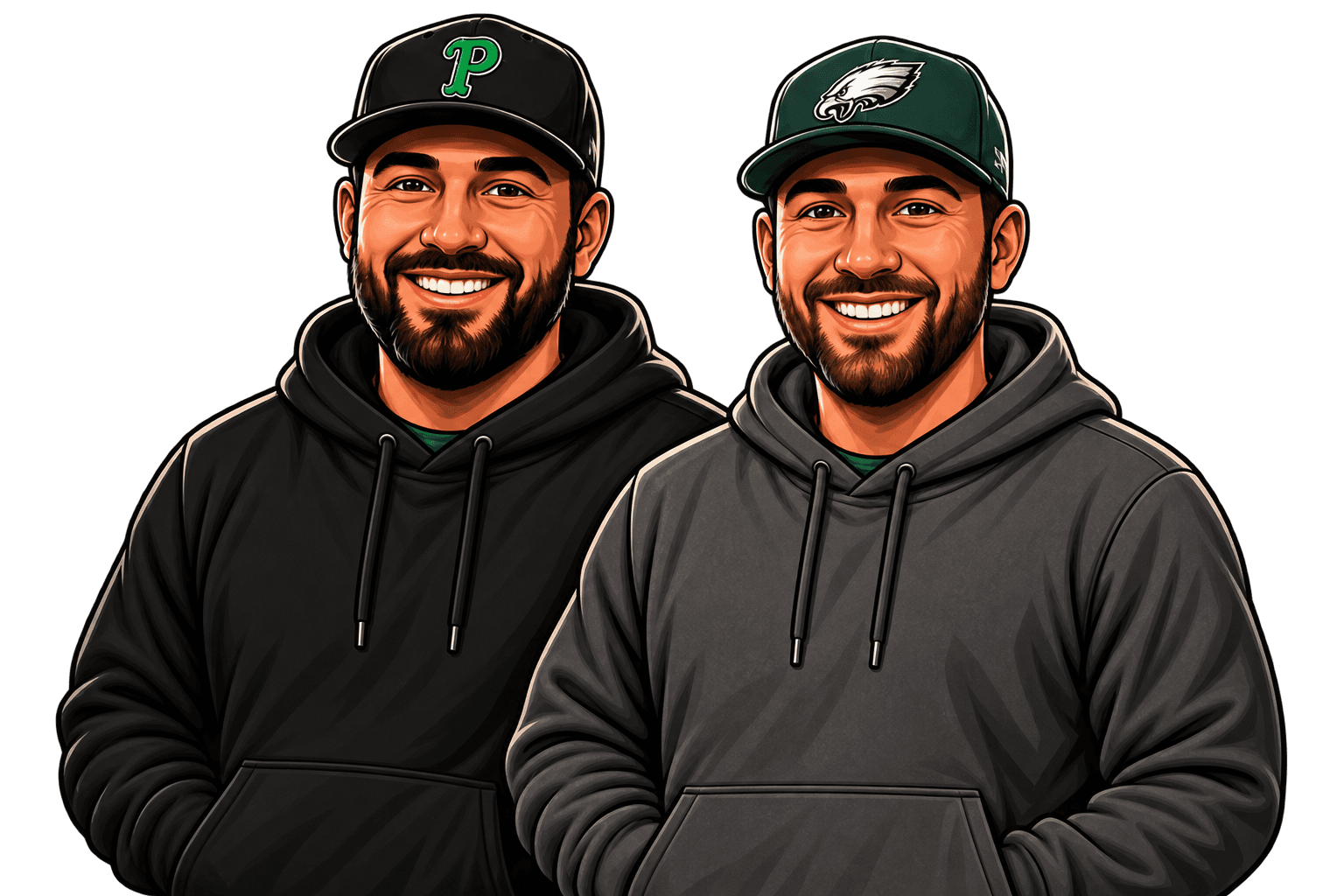 Temporary illustrated portraits representing hosts Shane and Joe